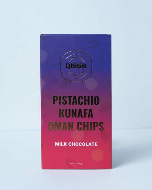 QISSA PREMIUM BELGIUM PISTACHIO KUNAFA WITH OMAN CHIPS BAR 80g