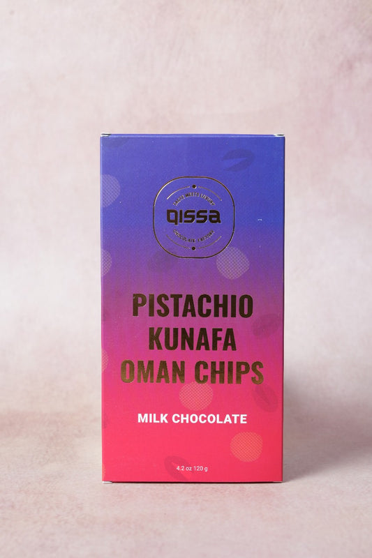 QISSA PREMIUM BELGIUM PISTACHIO KUNAFA WITH OMAN CHIPS BAR 80g